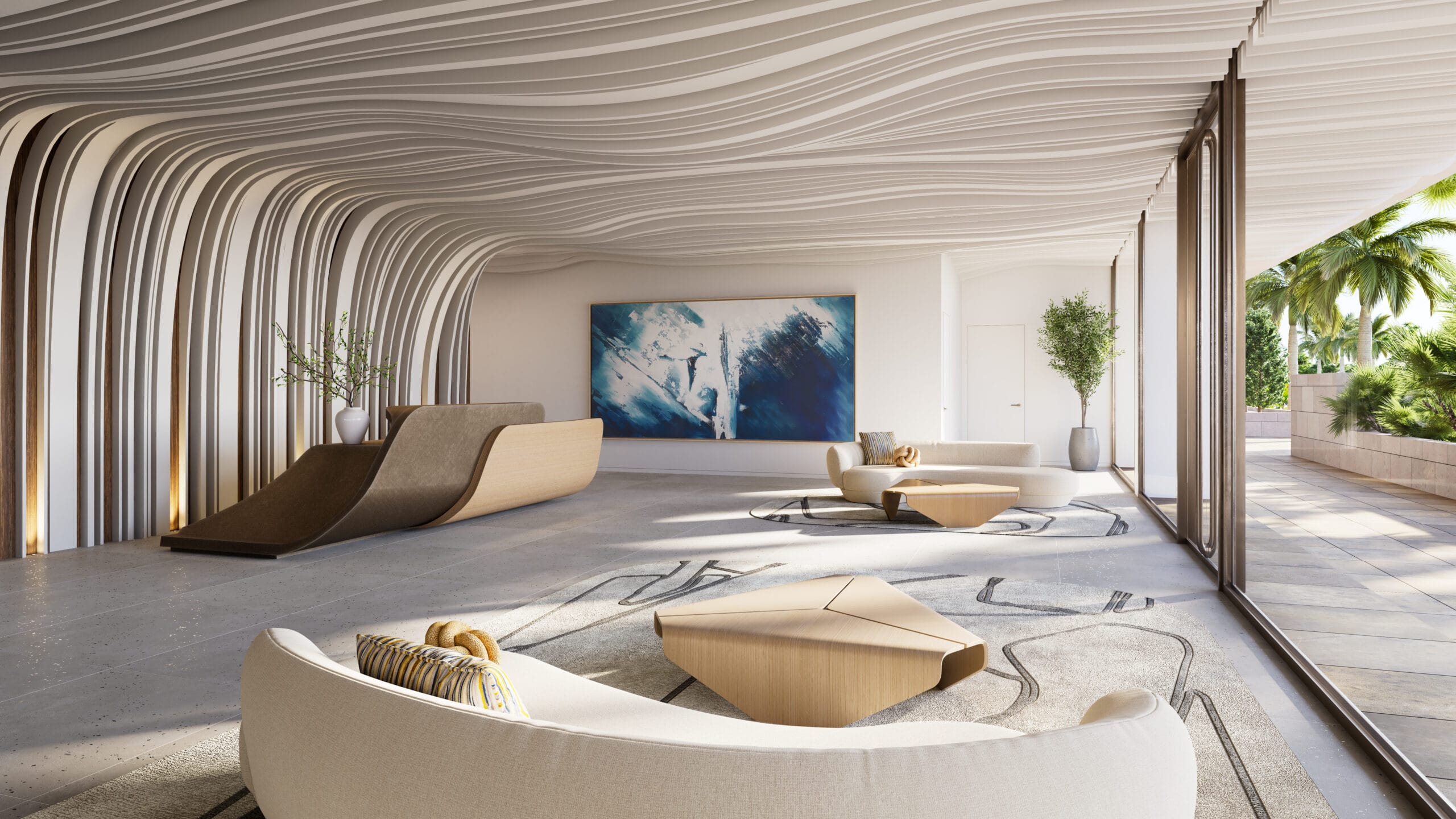 Modern, minimalist lobby with curved, wave-like ceiling and wall design, light wood and white furniture, abstract blue artwork, large windows, and a view of palm trees outside. South Florida Business & Wealth