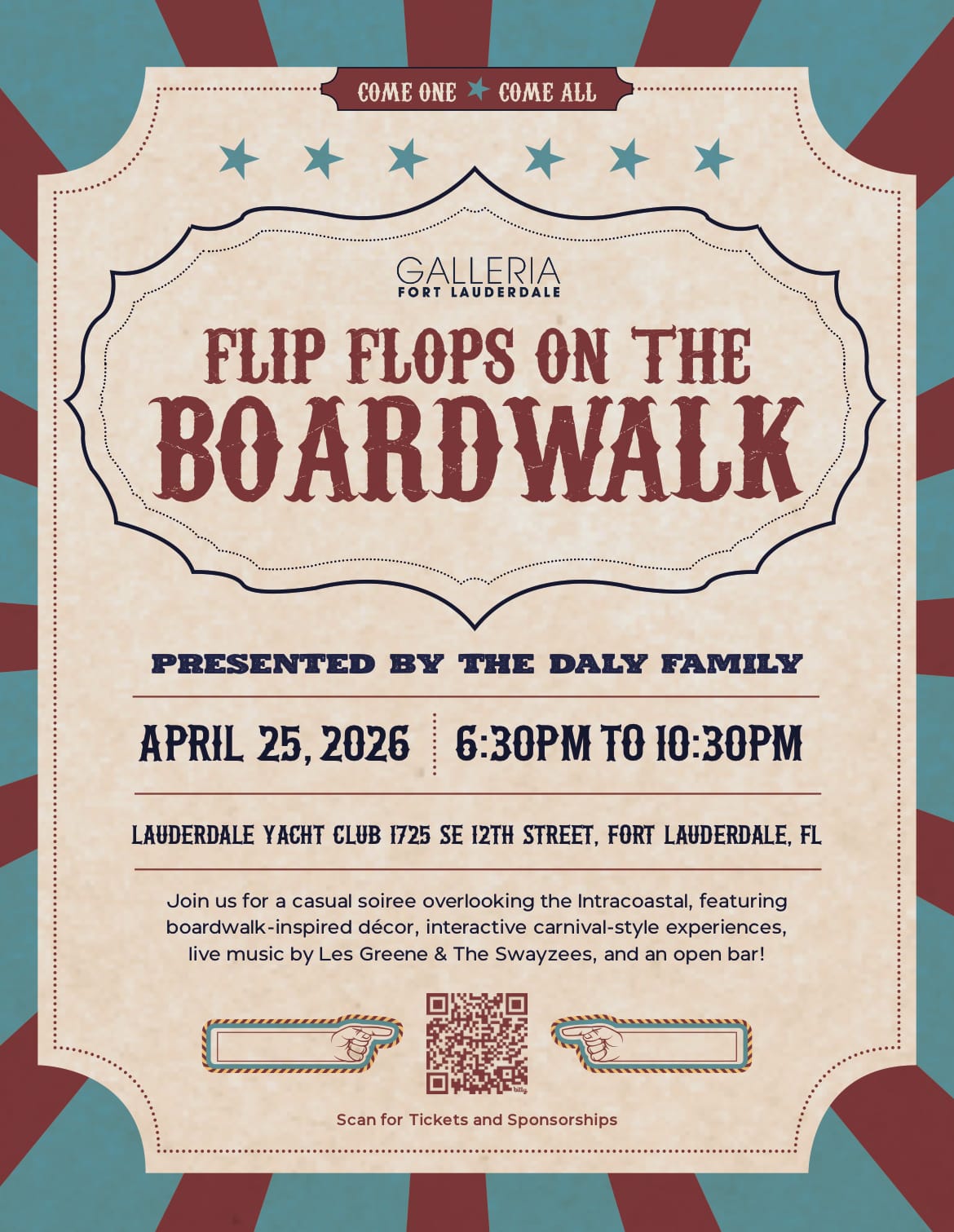 Event invitation poster with a vintage boardwalk theme. Text reads: “Flip Flops on the Boardwalk,” April 25, 2026, 6:30–10:30pm at Lauderdale Yacht Club. Includes event details, music info, and sponsorship QR code. South Florida Business & Wealth
