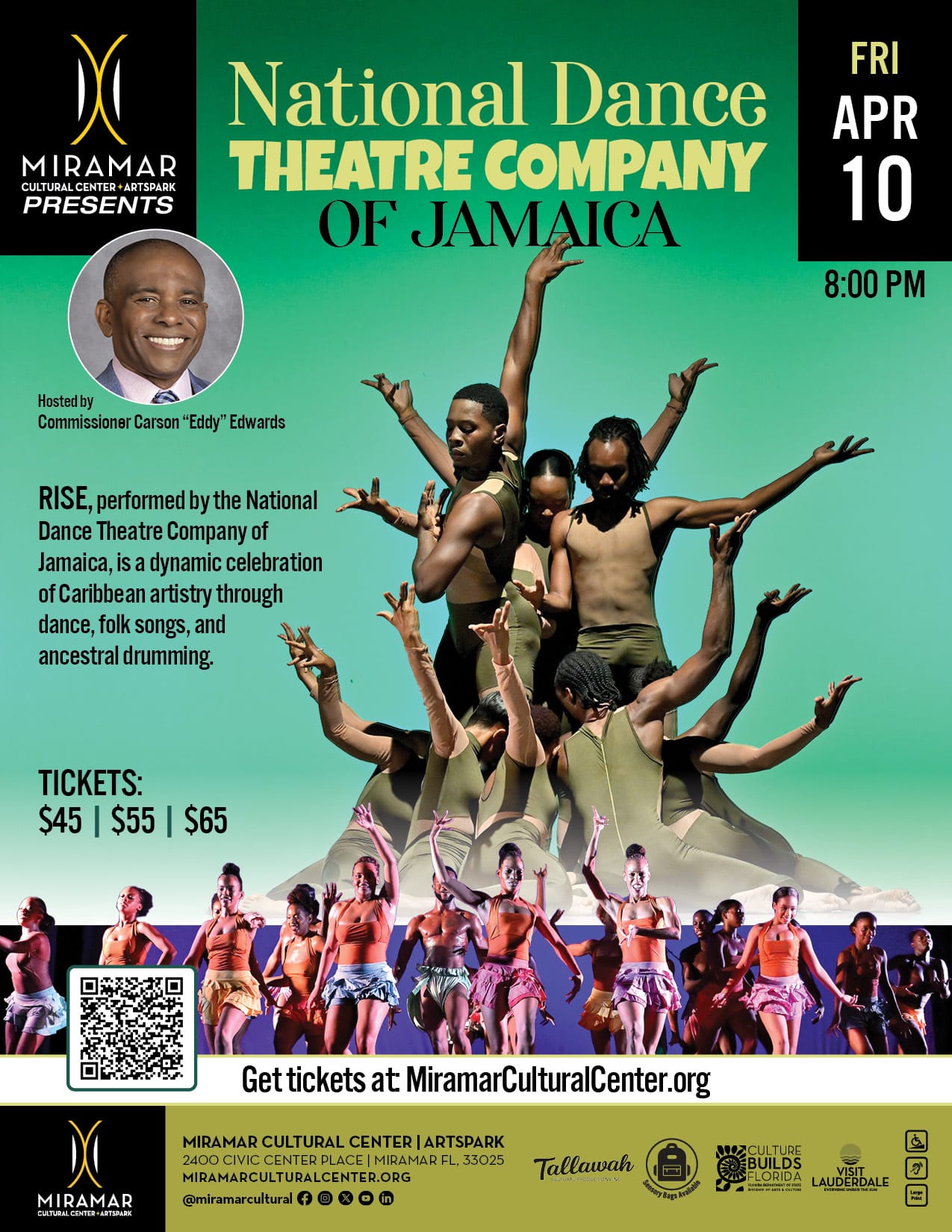 Poster for the National Dance Theatre Company of Jamaica show on April 10, 8 PM, at Miramar Cultural Center. Features dancers in colorful costumes performing dynamic poses, event details, and ticket prices. South Florida Business & Wealth