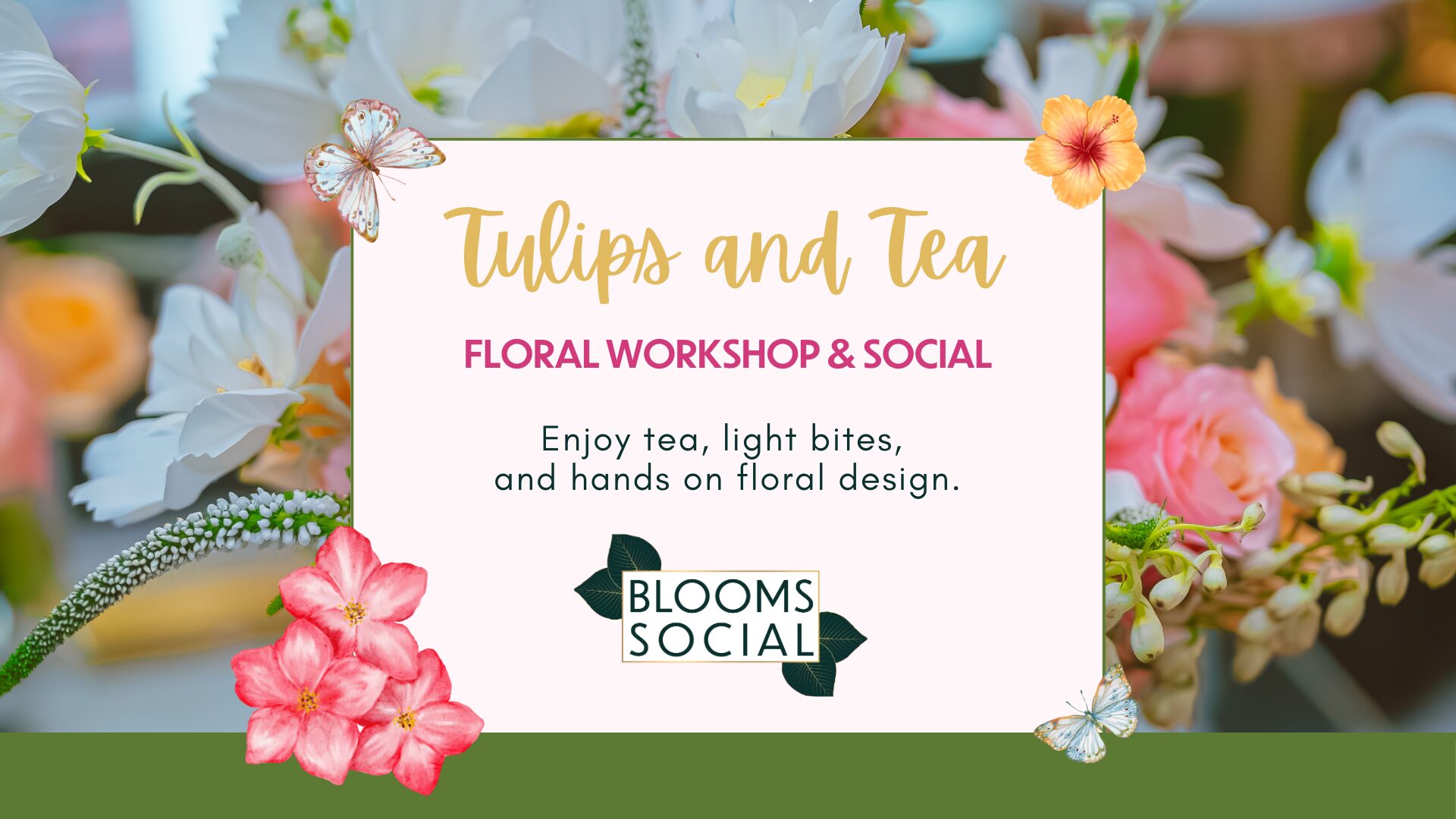 A floral-themed invitation for "Tulips and Tea: Floral Workshop & Social" by Blooms Social, featuring flowers, butterflies, and event details about tea, light bites, and hands-on floral design. South Florida Business & Wealth