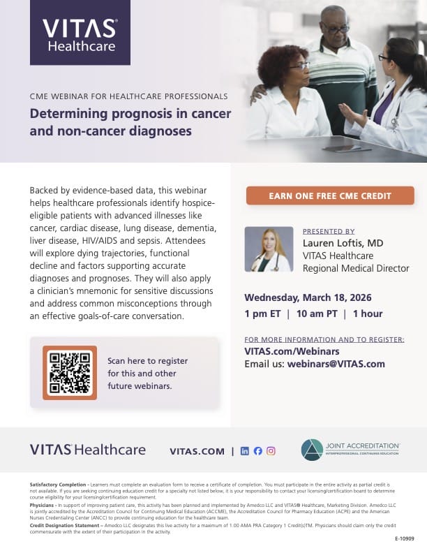 Flyer for a webinar by VITAS Healthcare titled "Determining prognosis in cancer and non-cancer diagnoses," led by Lauren Loftis, MD, on March 18, 2026. Includes a registration link, description, and VITAS Healthcare logo. South Florida Business & Wealth