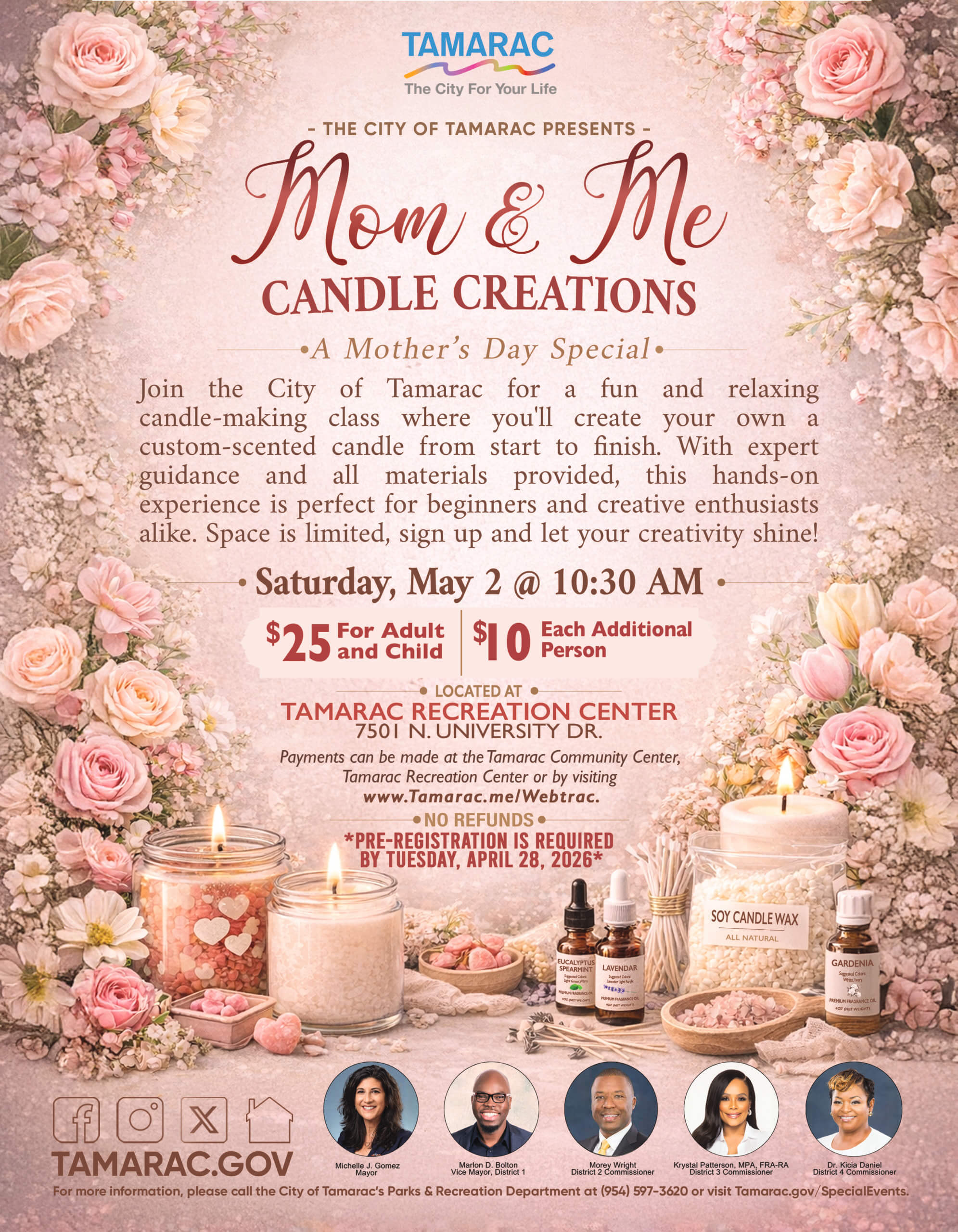 Flyer for “Mom & Me Candle Creations,” a Mother’s Day event on May 2 at Tamarac Recreation Center. Includes event details, pricing, registration info, and images of mothers, children, and candle-making supplies on a pink background. South Florida Business & Wealth