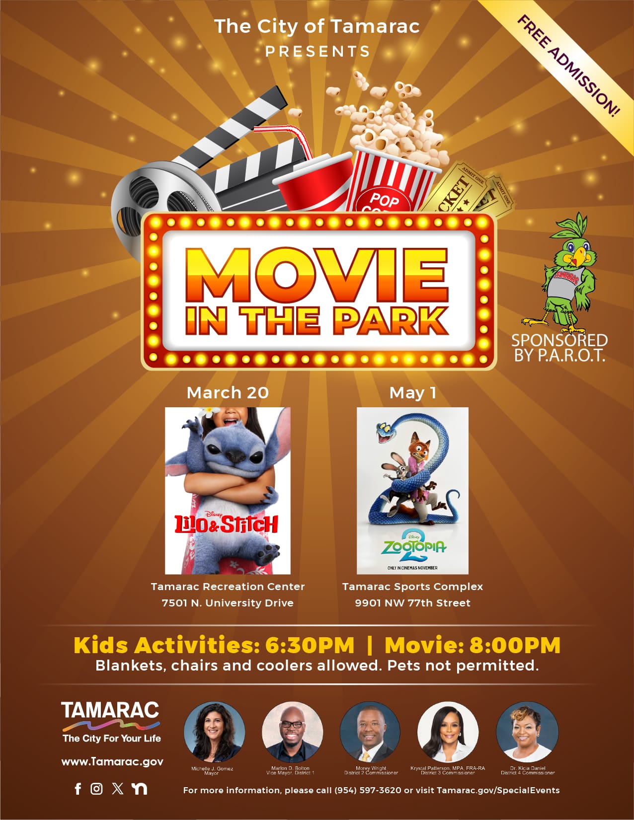 Movie in the Park poster with popcorn, film reel, and movie icons. Dates: March 20 ("Lilo & Stitch") at Tamarac Recreation Center, and May 1 ("Zootopia") at Tamarac Sports Complex. Free admission; movies at 8pm. South Florida Business & Wealth