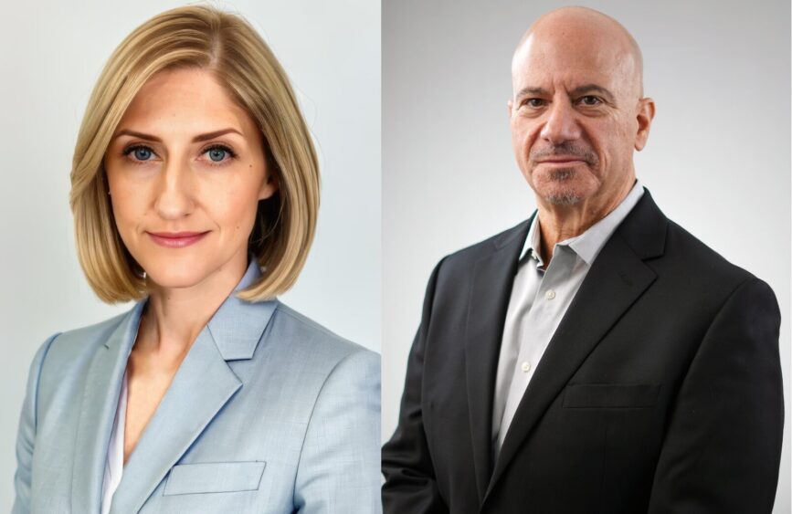 A woman with blonde bobbed hair in a light gray blazer and a man with a shaved head in a dark suit jacket stand against plain, light backgrounds in professional portraits. South Florida Business & Wealth