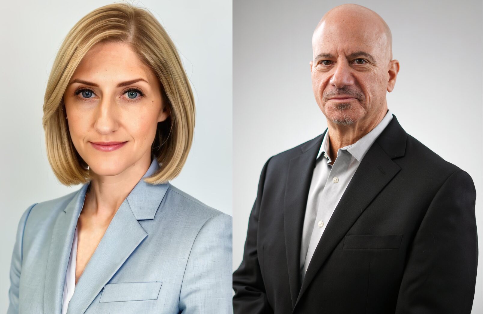 A woman with blonde bobbed hair in a light gray blazer and a man with a shaved head in a dark suit jacket stand against plain, light backgrounds in professional portraits. South Florida Business & Wealth