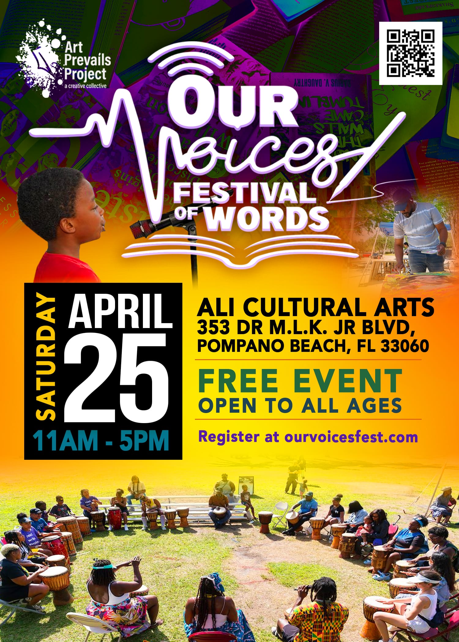 Flyer for “Our Voices Festival of Words” on April 25, 11am–5pm at Ali Cultural Arts, Pompano Beach, FL. Includes photos of children reading, festival crowd, and event info. Free event, open to all ages. South Florida Business & Wealth