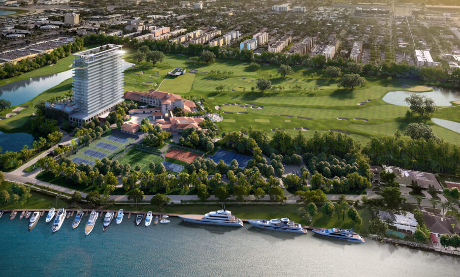 Aerial view of a luxury waterfront resort with a marina, tennis courts, a golf course, landscaped grounds, and a modern high-rise building, surrounded by trees and a nearby residential neighborhood. South Florida Business & Wealth