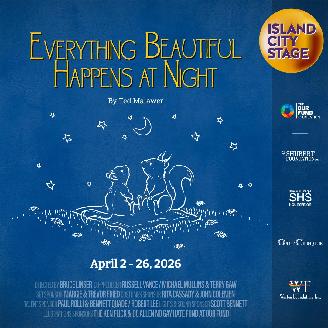 Two foxes sit together under a starlit sky on a blue background, with the text "Everything Beautiful Happens at Night" and theater production details above and below them. A yellow "Island City Stage" logo appears in the top right corner. South Florida Business & Wealth