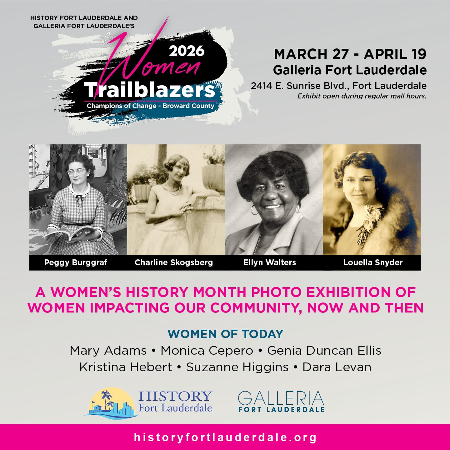 Promotional flyer for the 2026 Women Trailblazers photo exhibition, featuring images of four women leaders and event details. The exhibition runs March 27–April 19 at Galleria Fort Lauderdale. South Florida Business & Wealth
