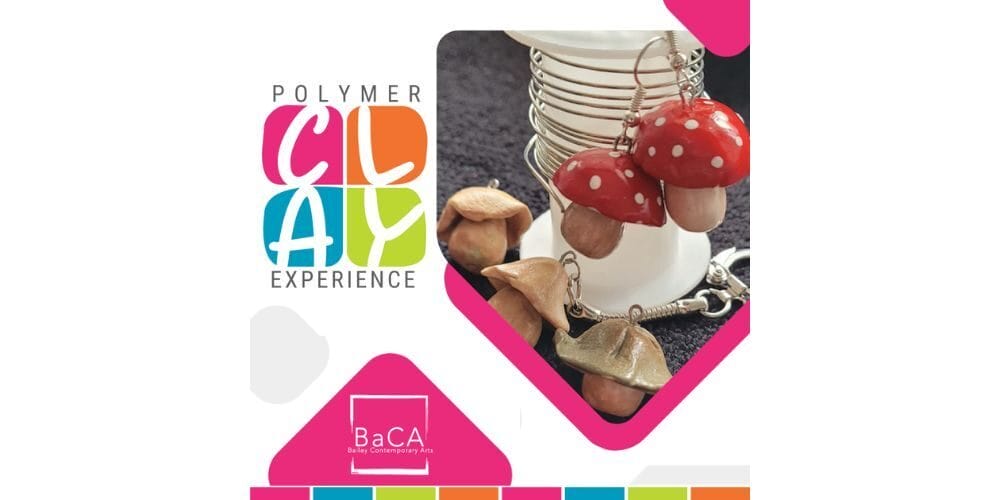 A promotional image for a "Polymer Clay Experience" at BaCA, featuring keychains shaped like red and beige mushrooms displayed on a white stand, with colorful, playful text and geometric accents. South Florida Business & Wealth