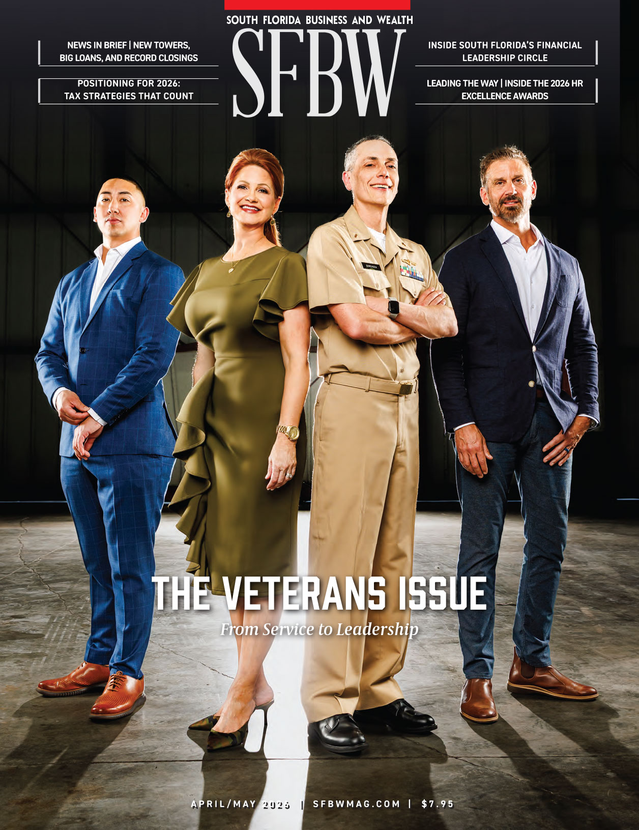 Four professionally dressed individuals, including a U.S. Navy officer, stand confidently side by side on the cover of SFBW magazine's "The Veterans Issue," featuring themes of service and leadership. South Florida Business & Wealth