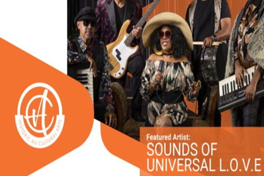 A band poses with musical instruments, including a keyboard and guitar. The featured artist, a woman in a large hat and sunglasses, sits in the center. Orange and white graphics display "Sounds of Universal L.O.V.E." and a cultural arts logo. South Florida Business & Wealth