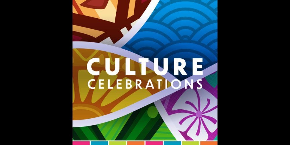Abstract, colorful design featuring stylized patterns in orange, yellow, blue, and purple with the words "Culture Celebrations" in bold white text at the center. A multicolored border runs along the bottom. South Florida Business & Wealth