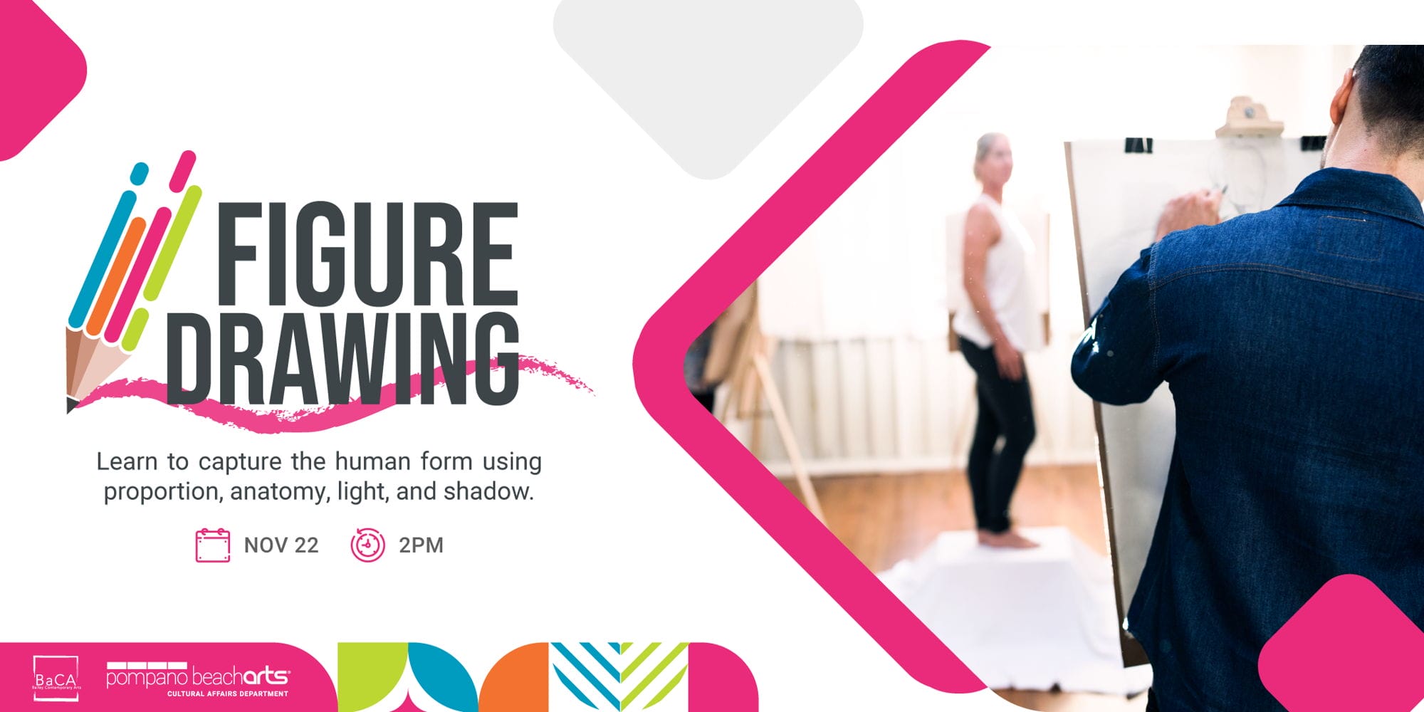 Promotional graphic for a figure drawing class. On the right, an artist sketches a person posing on a small platform. On the left, text details the event date, time, and organizations involved. Bright, colorful design elements. South Florida Business & Wealth