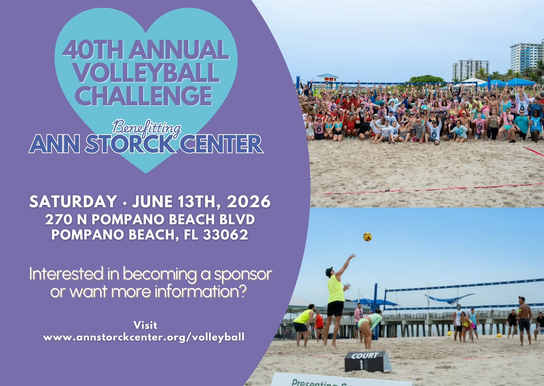 Promotional flyer for the 40th Annual Volleyball Challenge benefiting Ann Storck Center, with event details, a large crowd on the beach, and volleyball games in progress near a pier. South Florida Business & Wealth