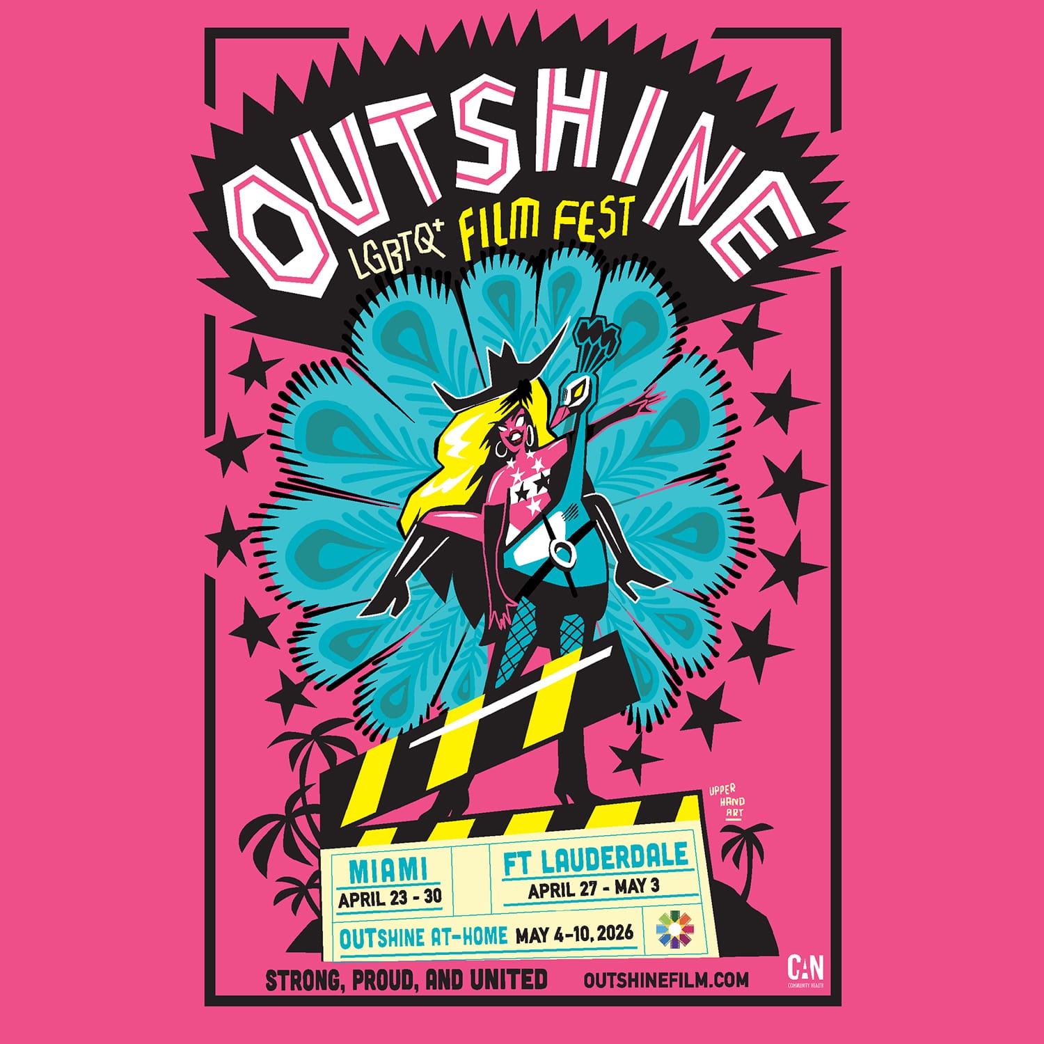 Colorful poster for OUTshine LGBTQ+ Film Fest features a stylized superhero figure with blonde and pink hair, cape, and megaphone, standing on a stage with stars and palm fronds. Festival dates and cities are listed below. South Florida Business & Wealth
