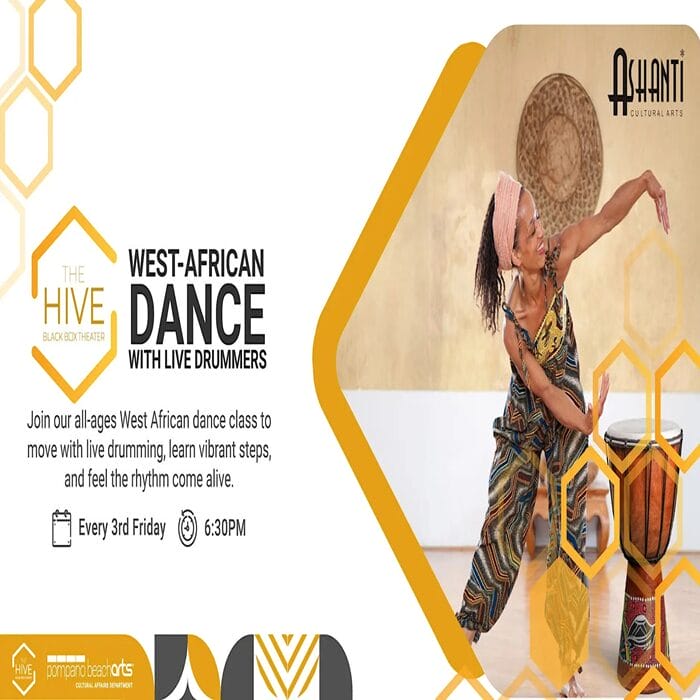 A woman in colorful attire dances energetically next to a drum. Text promotes a West African dance with live drummers at The Hive, every 3rd Friday at 6:30 PM, hosted by Ashanti Cultural Arts. South Florida Business & Wealth