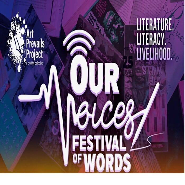Event poster for "Our Voices Festival of Words" by Art Prevails Project, featuring a heart rate line, books in the background, and the words “Literature. Literacy. Livelihood.” in bold white text. South Florida Business & Wealth
