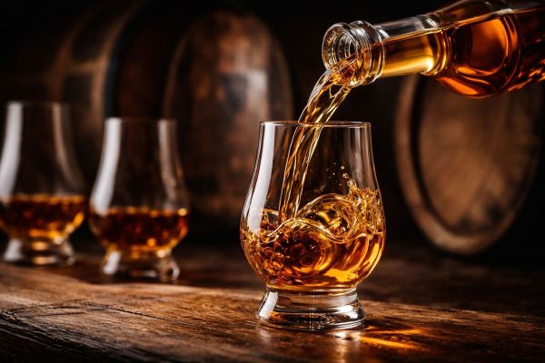 A close-up of whiskey being poured into a glass on a wooden surface, with two more whiskey glasses and large wooden barrels blurred in the background. South Florida Business & Wealth