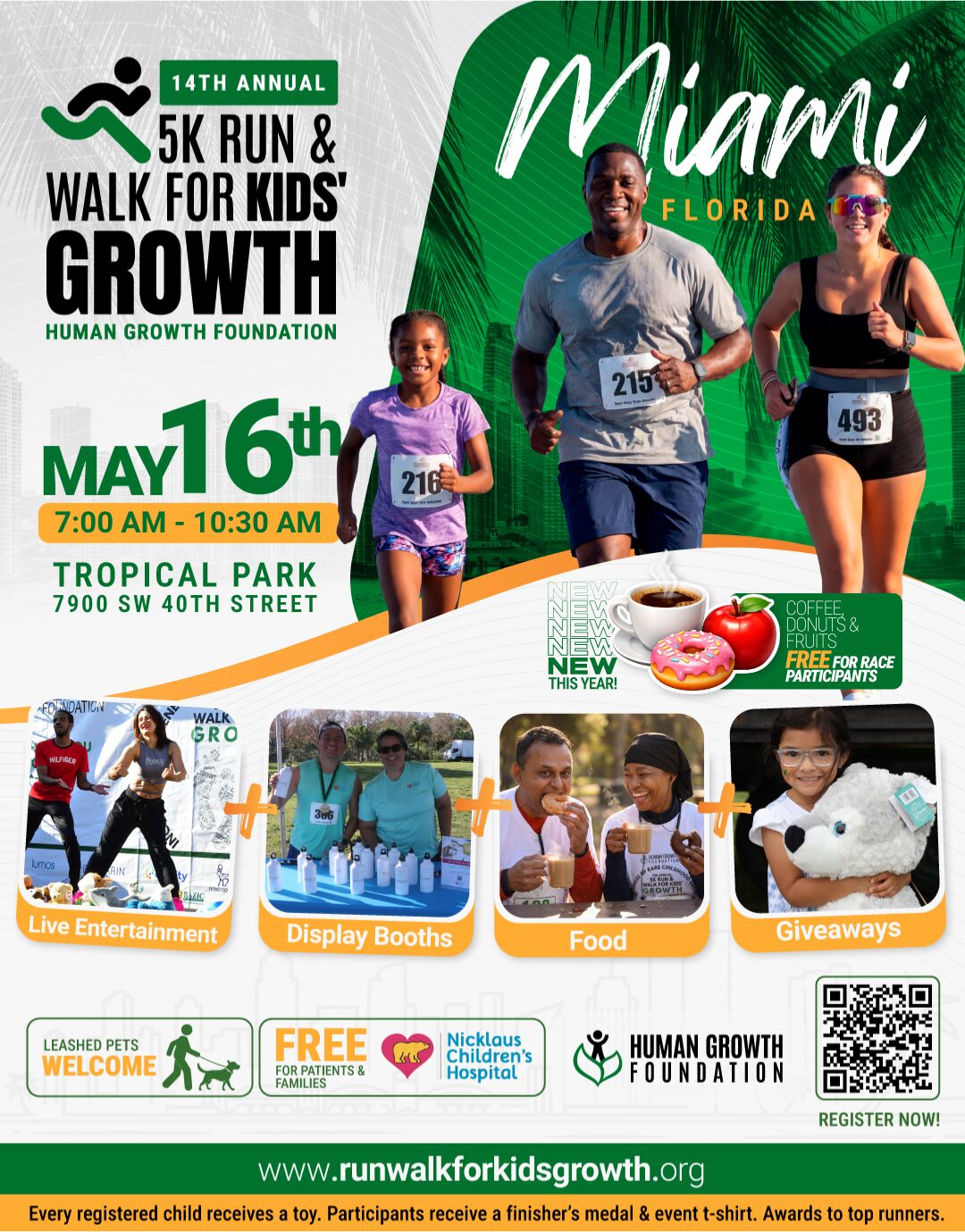 Flyer for the 14th Annual 5K Run & Walk for Kids’ Growth in Miami, FL on May 16, 7–10:30 am, at Tropical Park. Features images of runners, event activities, and info about live entertainment, food, and giveaways. South Florida Business & Wealth