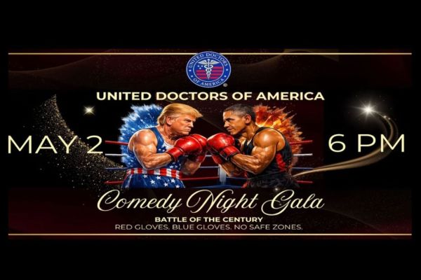 Promotional poster for a comedy night gala showing muscular cartoon versions of Donald Trump and Barack Obama in boxing gear, facing off in a ring. Event date: May 2, time: 6 PM. Organizer: United Doctors of America. South Florida Business & Wealth