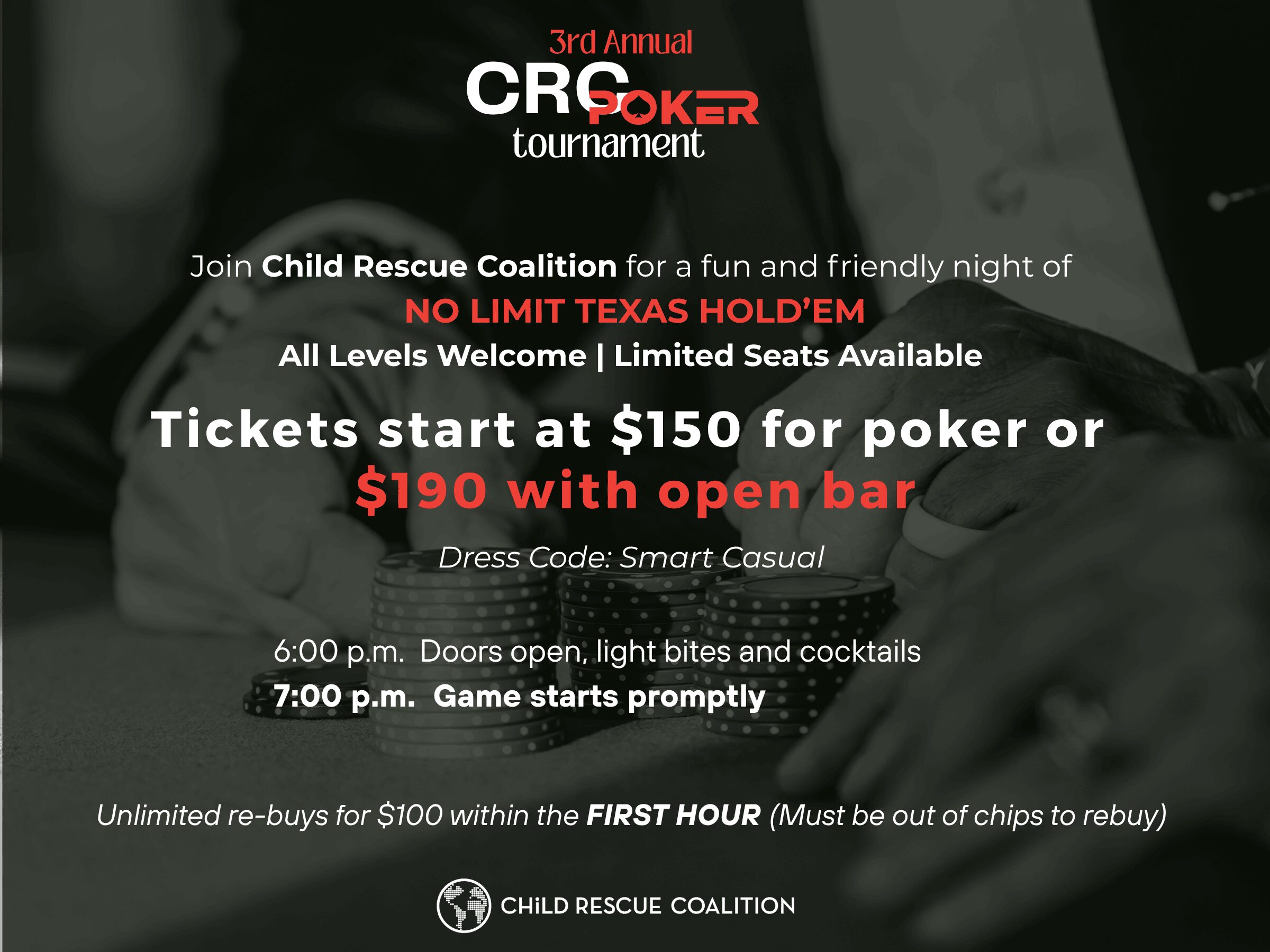 Promotional flyer for the 3rd Annual CRC Poker Tournament featuring details on ticket prices, event time, dress code, and re-buy information, with the Child Rescue Coalition logo at the bottom. South Florida Business & Wealth