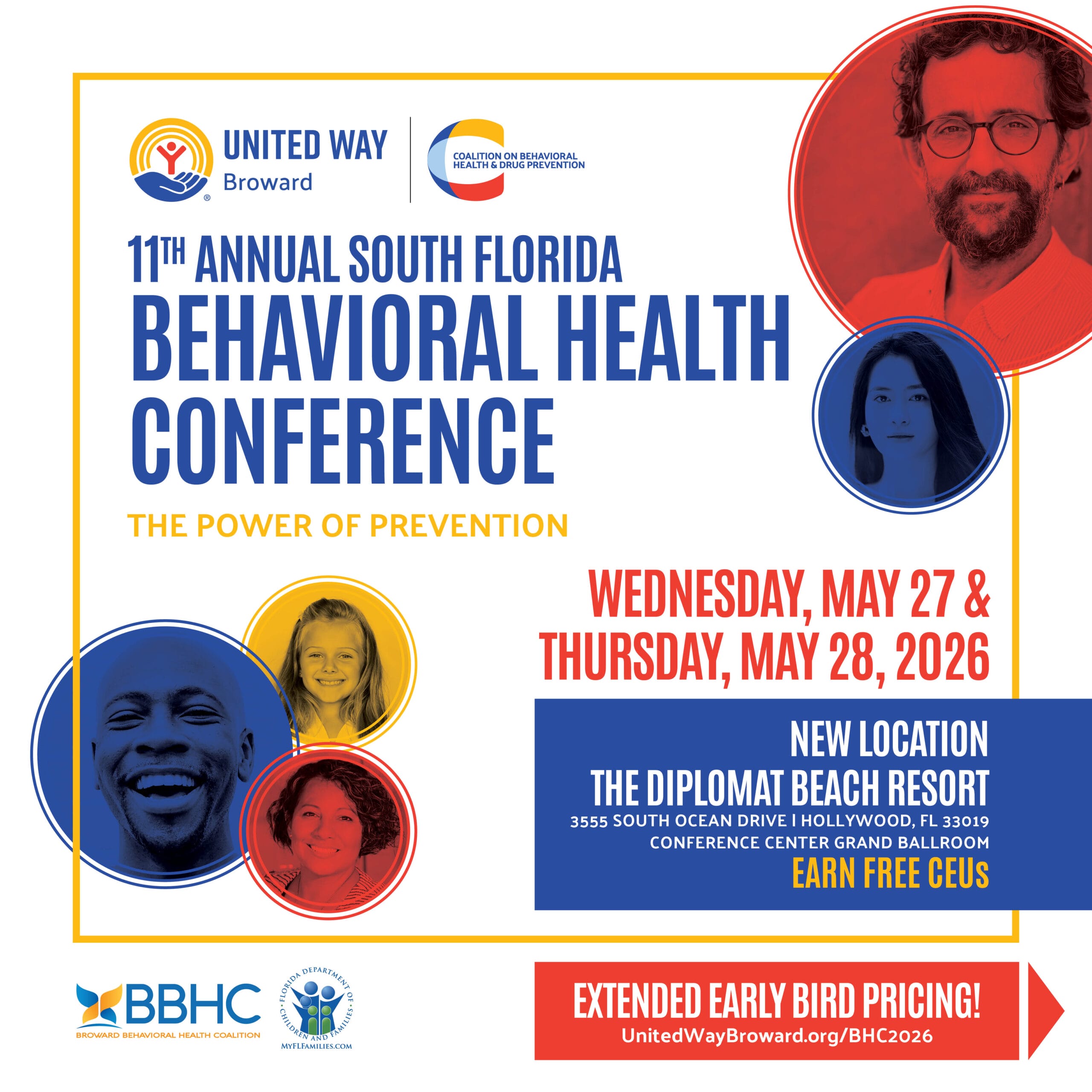 Conference flyer for the 11th Annual South Florida Behavioral Health Conference, May 27-28, 2026, at The Diplomat Beach Resort, featuring event details, sponsor logos, and four diverse portrait photos. South Florida Business & Wealth
