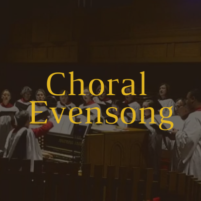 A choir dressed in white robes sings around an organ in a dimly lit church. Large yellow text in the center reads "Choral Evensong. South Florida Business & Wealth