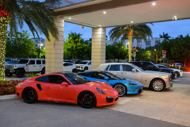 Several luxury cars, including a red Porsche, a blue McLaren, and a silver Rolls-Royce, are parked outside a modern building lined with palm trees and decorative lights in an urban setting at dusk. South Florida Business & Wealth