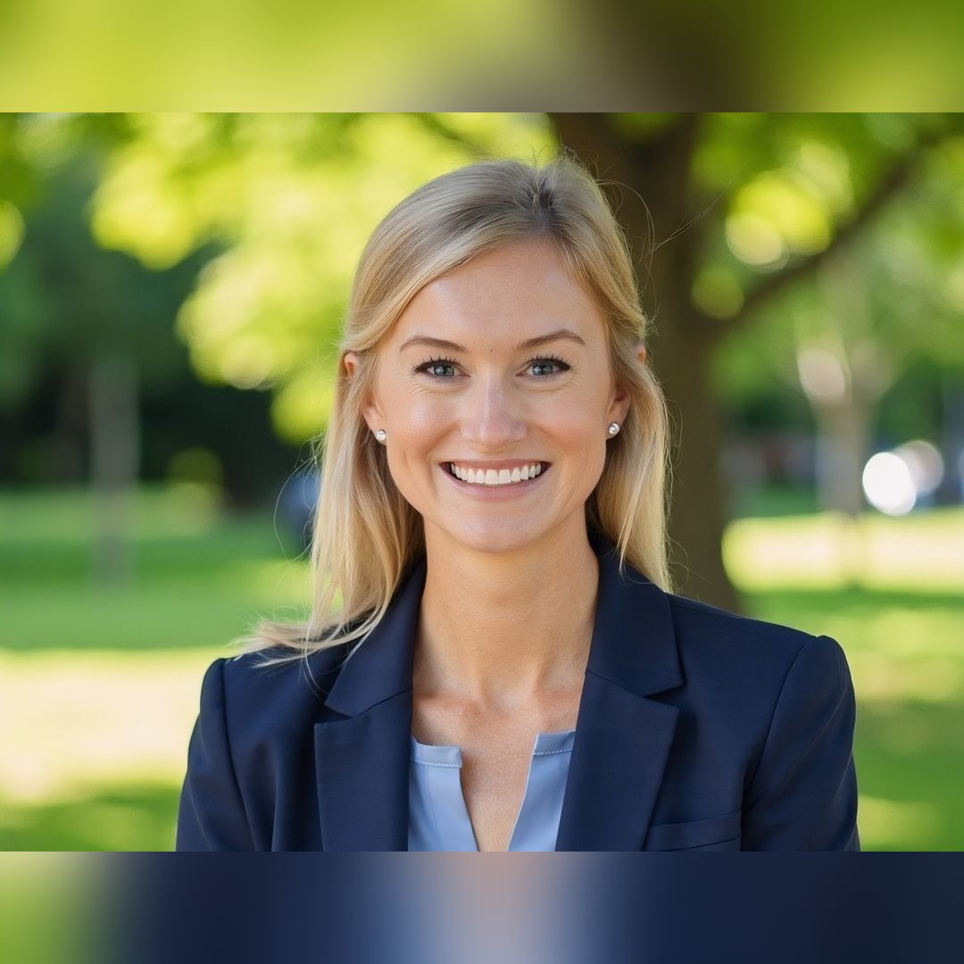 A smiling woman with long blonde hair wearing a navy blazer and light blue blouse stands outdoors in a sunlit park with green trees in the background. South Florida Business & Wealth