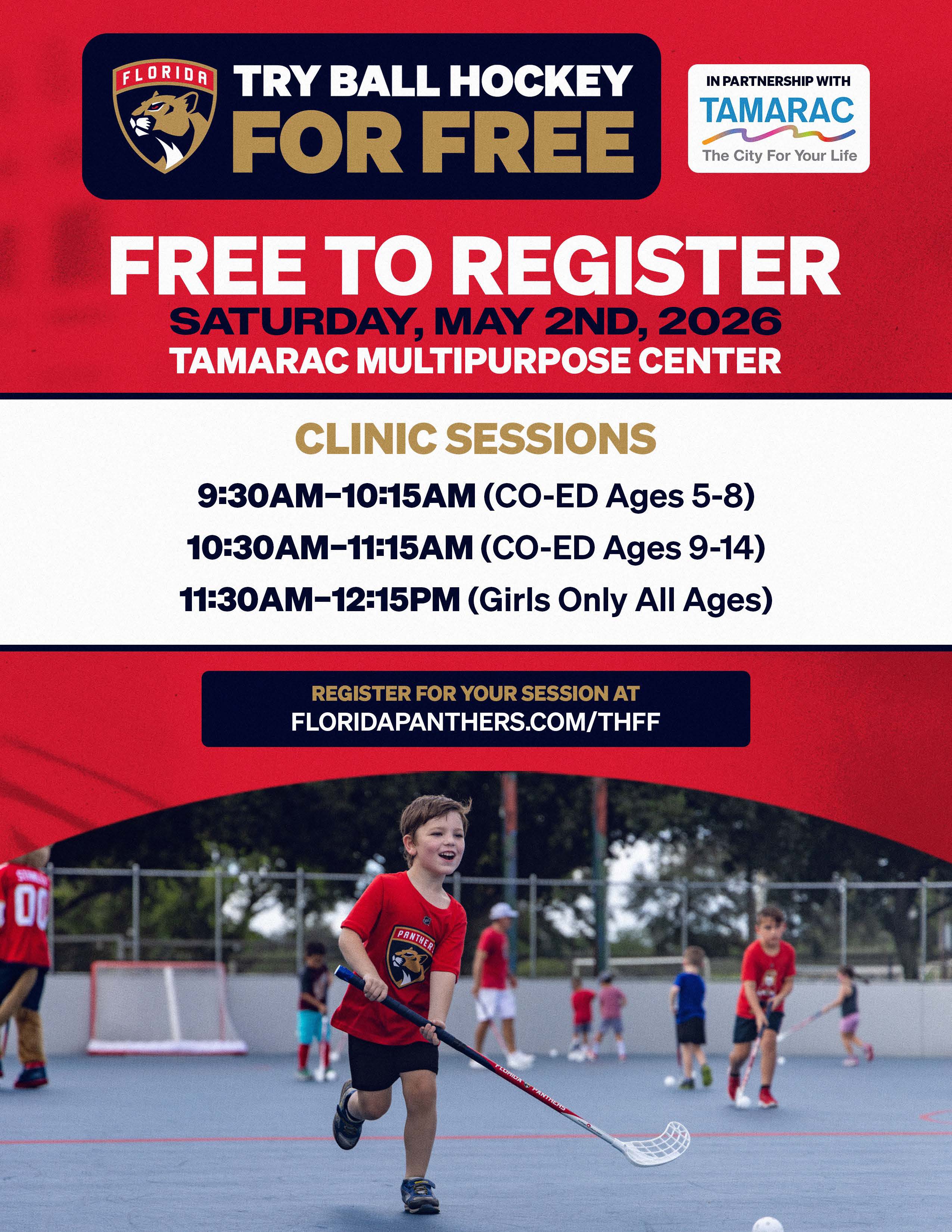 A young boy runs while playing ball hockey indoors. Text above him advertises free ball hockey registration for clinic sessions on May 2, 2026, at Tamarac Multipurpose Center for various age groups. South Florida Business & Wealth