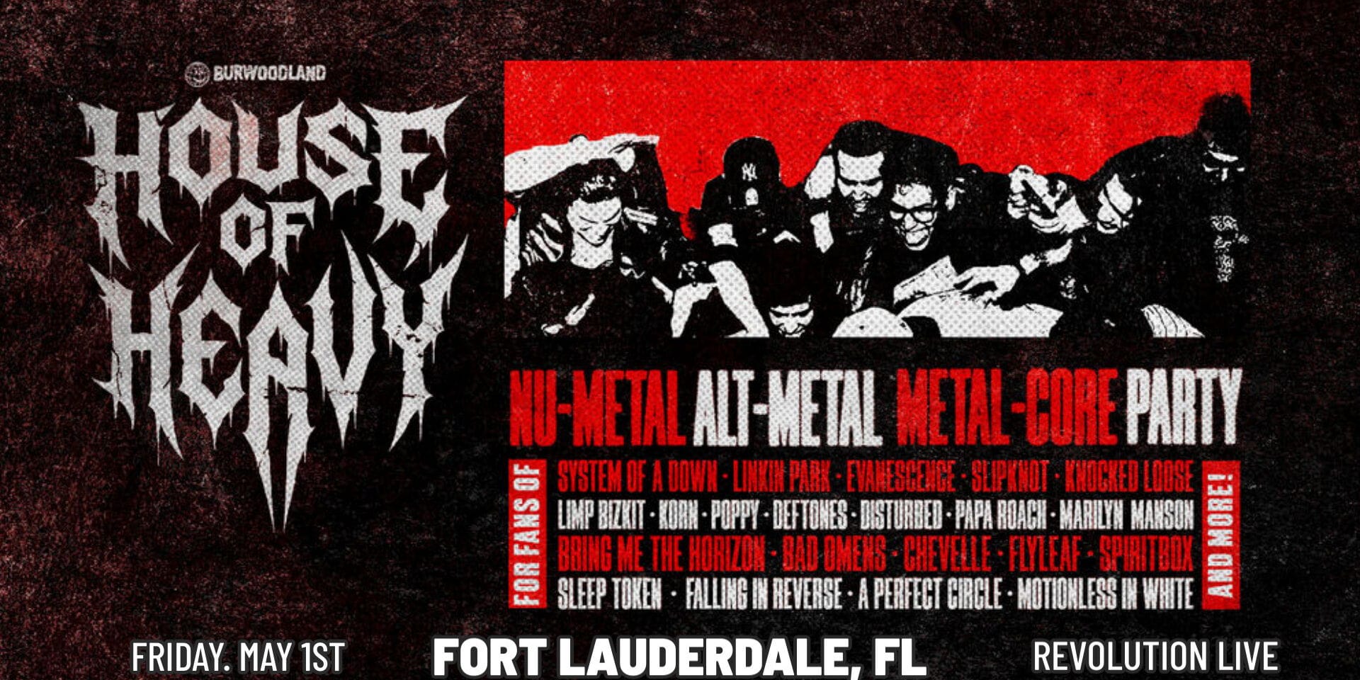 Promo image for "House of Heavy" concert in Fort Lauderdale, FL. Features red, black, and white graphics, band names, and date (Friday, May 1st), with masked figures in a chaotic, high-energy design. South Florida Business & Wealth