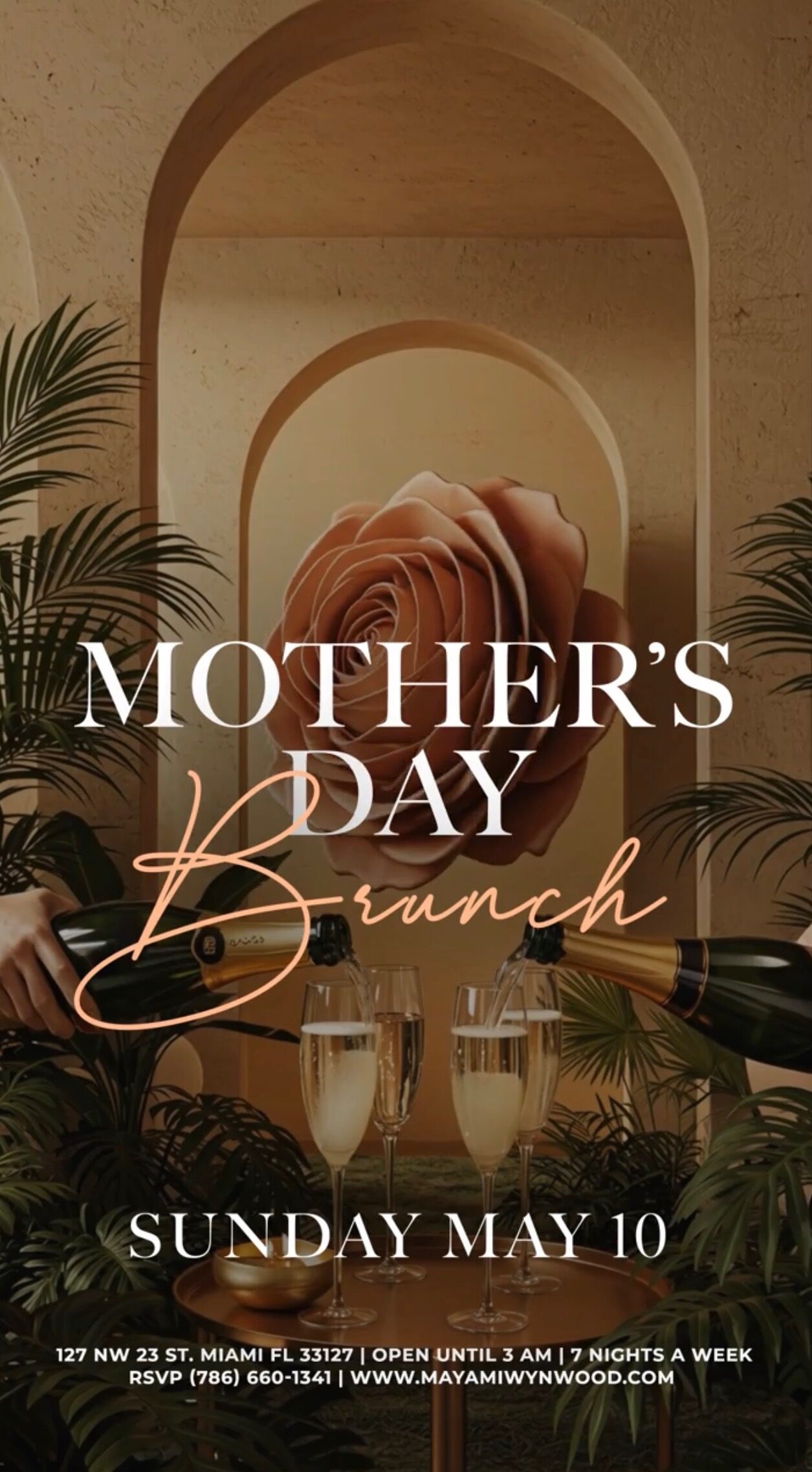 A Mother's Day Brunch invitation with a large rose, champagne glasses, and lush greenery. Text includes event details: Sunday, May 10 at 127 NW 23 St, Miami, FL, RSVP (786) 660-1341, mayamiwynwood.com. South Florida Business & Wealth