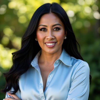 A woman with long, dark hair and light makeup smiles confidently outdoors, wearing a light blue blouse. Green, blurred foliage serves as the background. South Florida Business & Wealth