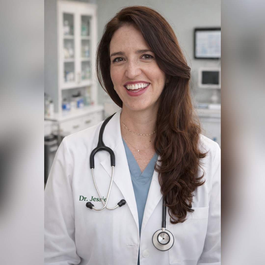 A woman wearing a white lab coat and a stethoscope smiles in a medical office. She has long brown hair and stands in front of shelves with medical supplies. The name "Dr. Jessie" is embroidered on her coat. South Florida Business & Wealth