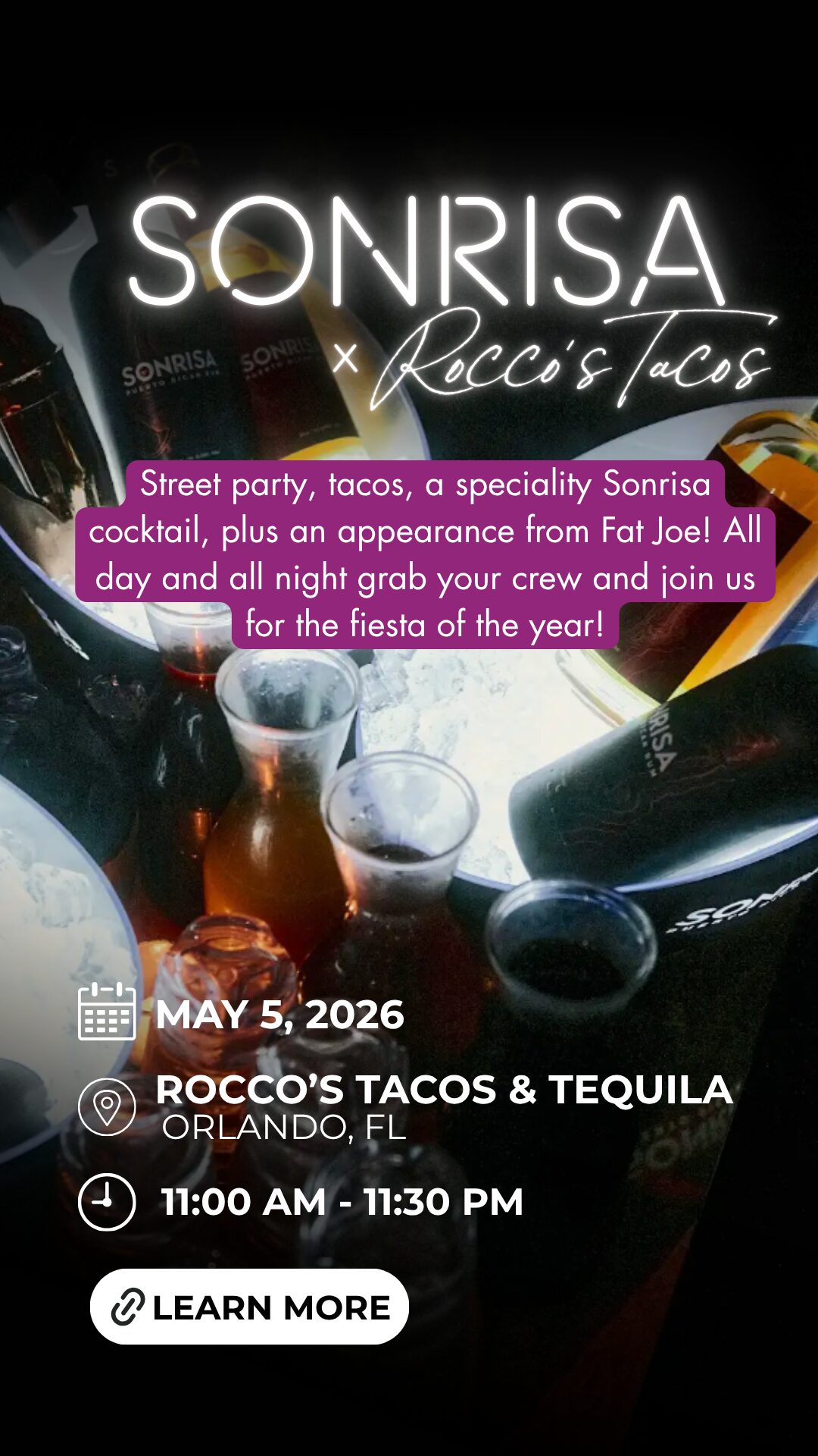 Promotional poster for a Sonrisa x Rocco’s Tacos event featuring cocktails, tacos, and event details: May 5, 2026, at Rocco’s Tacos & Tequila in Orlando, FL, 11:00 AM–11:30 PM. Neon text over bottles and drinks. South Florida Business & Wealth
