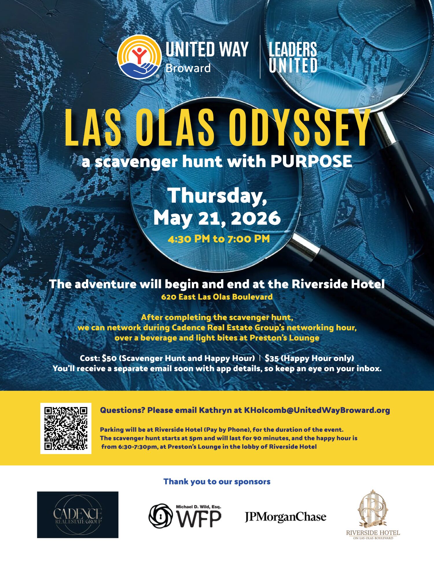 Promotional flyer for the "Las Olas Odyssey" scavenger hunt by United Way Broward, held on May 21, 2026, from 4:30–7:00 PM at the Riverside Hotel. Event sponsors and details are listed, with a blue and yellow design. South Florida Business & Wealth
