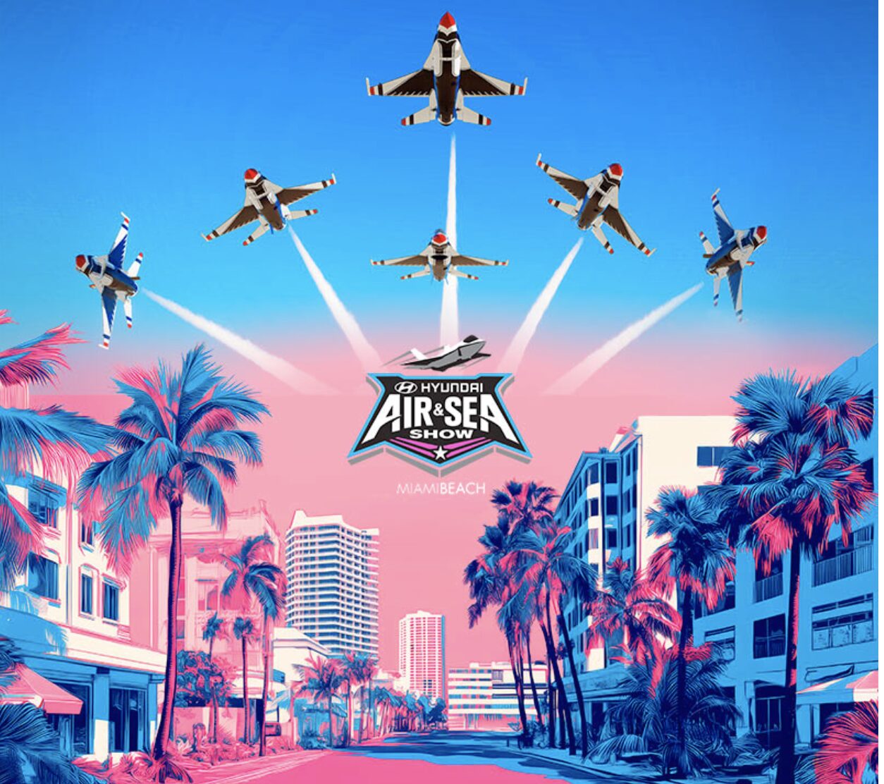 Five fighter jets fly in formation above a colorful, stylized cityscape with palm trees, skyscrapers, and the “Hyundai Air & Sea Show Miami Beach” logo at the center. The sky and buildings are tinted blue and pink. South Florida Business & Wealth