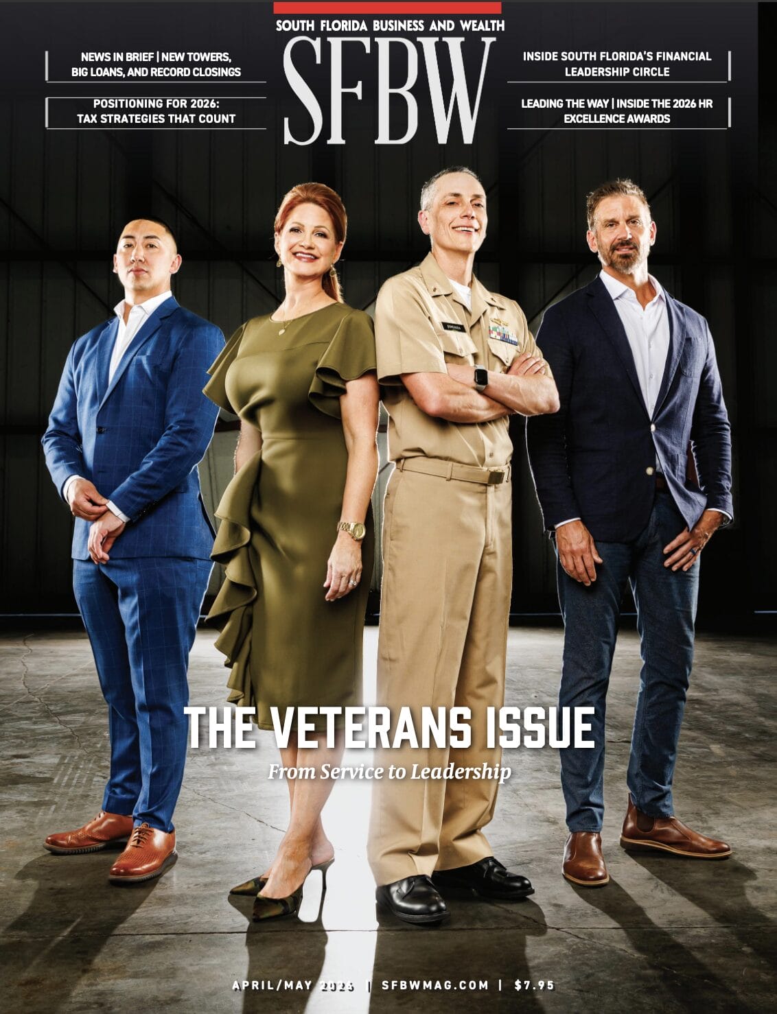 Four professionally dressed individuals, including one in a military uniform, stand confidently on the cover of SFBW magazine’s "The Veterans Issue" with the headline "From Service to Leadership. South Florida Business & Wealth
