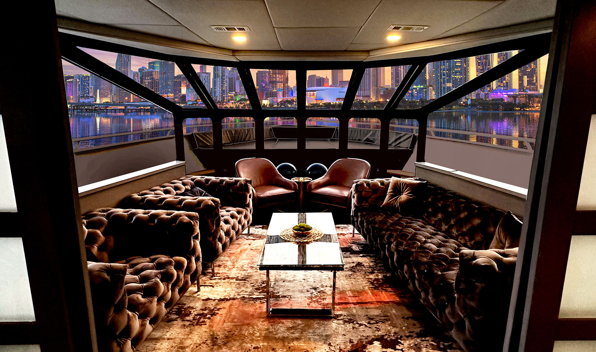 Luxurious yacht interior with plush brown sofas, a patterned rug, and a modern coffee table. Large windows reveal a vibrant city skyline at sunset over the water. Two chairs face the panoramic view. South Florida Business & Wealth