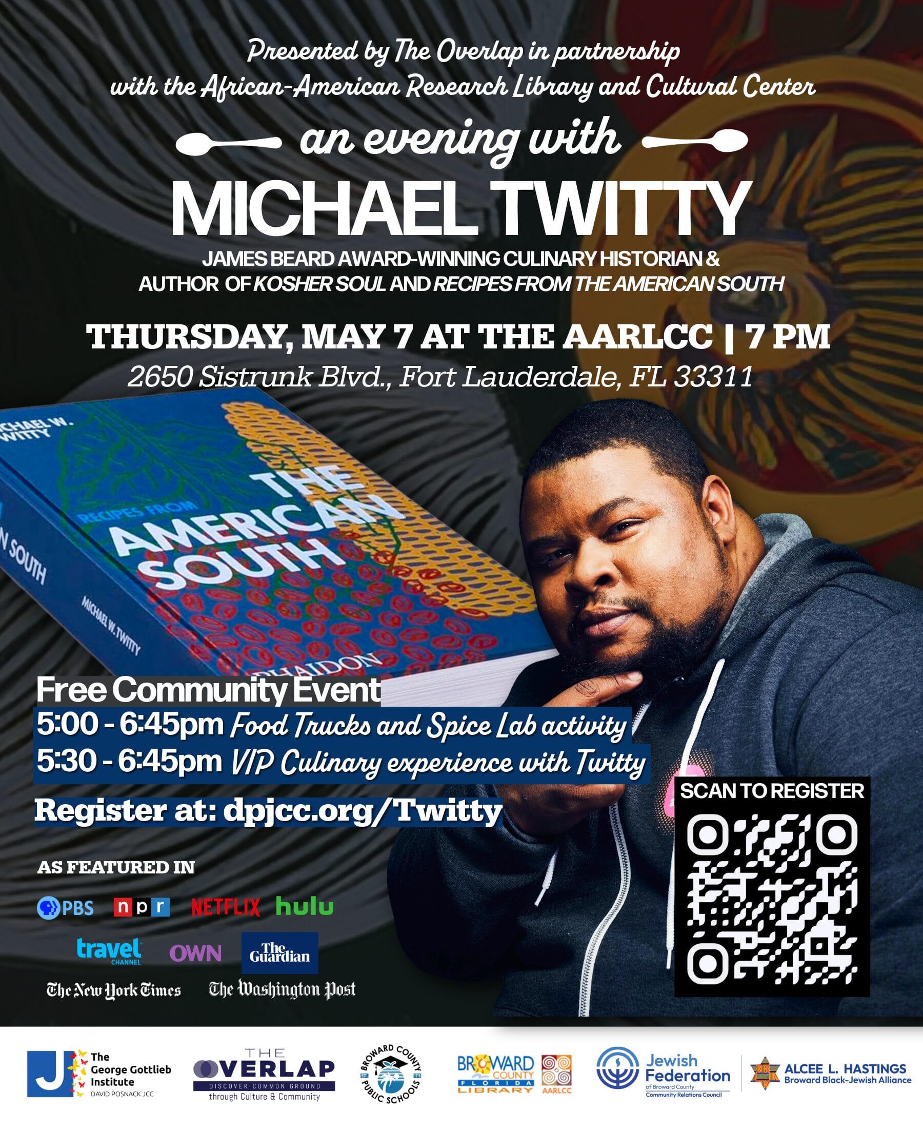 Promotional poster for “An Evening with Michael Twitty,” featuring a photo of Twitty, event details, and sponsor logos. The free event is on May 7 at the AARLCC in Fort Lauderdale, with a QR code for registration. South Florida Business & Wealth