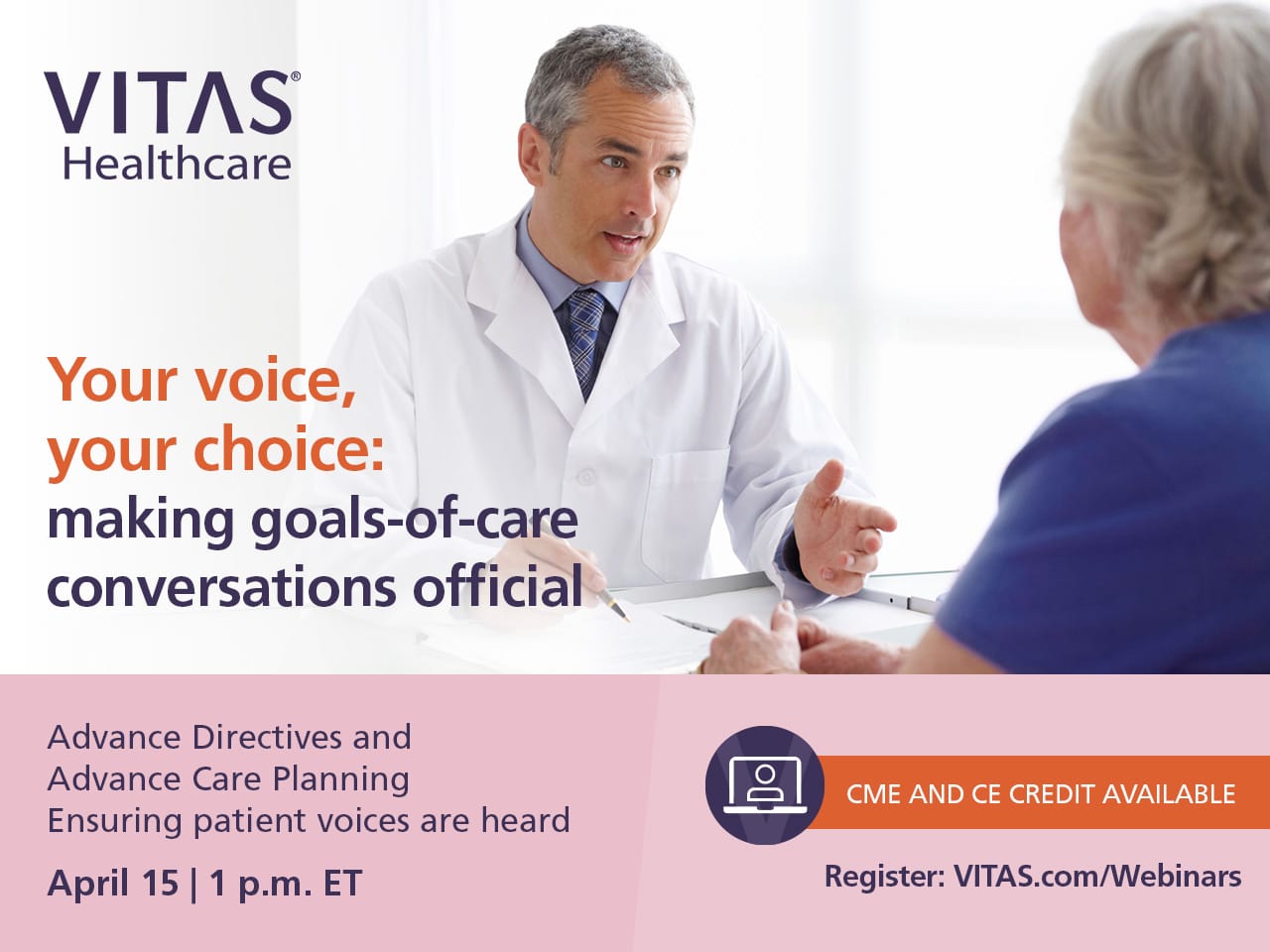 A doctor in a white coat speaks with a patient in a blue shirt across a desk. Text promotes a VITAS Healthcare webinar on advance care planning, scheduled for April 15 at 1 p.m. ET, with CME credit available. South Florida Business & Wealth