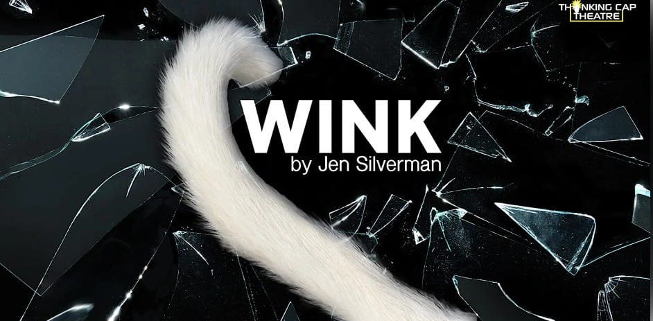 A furry white animal tail curves across shattered glass shards. Large text reads "WINK by Jen Silverman," and the Thinking Cap Theatre logo is at the top right. South Florida Business & Wealth