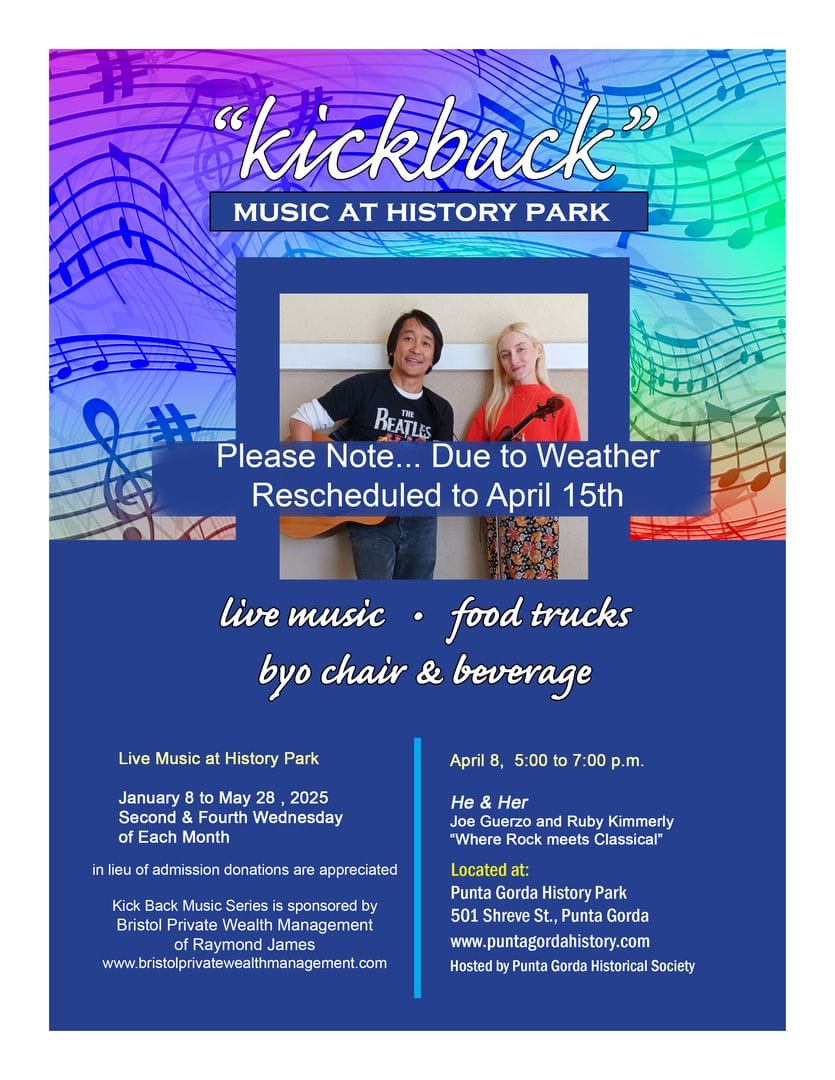 Event flyer for “Kickback” Music at History Park. Features smiling man and woman standing together, event details, and colorful blue and purple music-themed background. Live music, food trucks, byo chair & beverage, rescheduled to April 15th. South Florida Business & Wealth