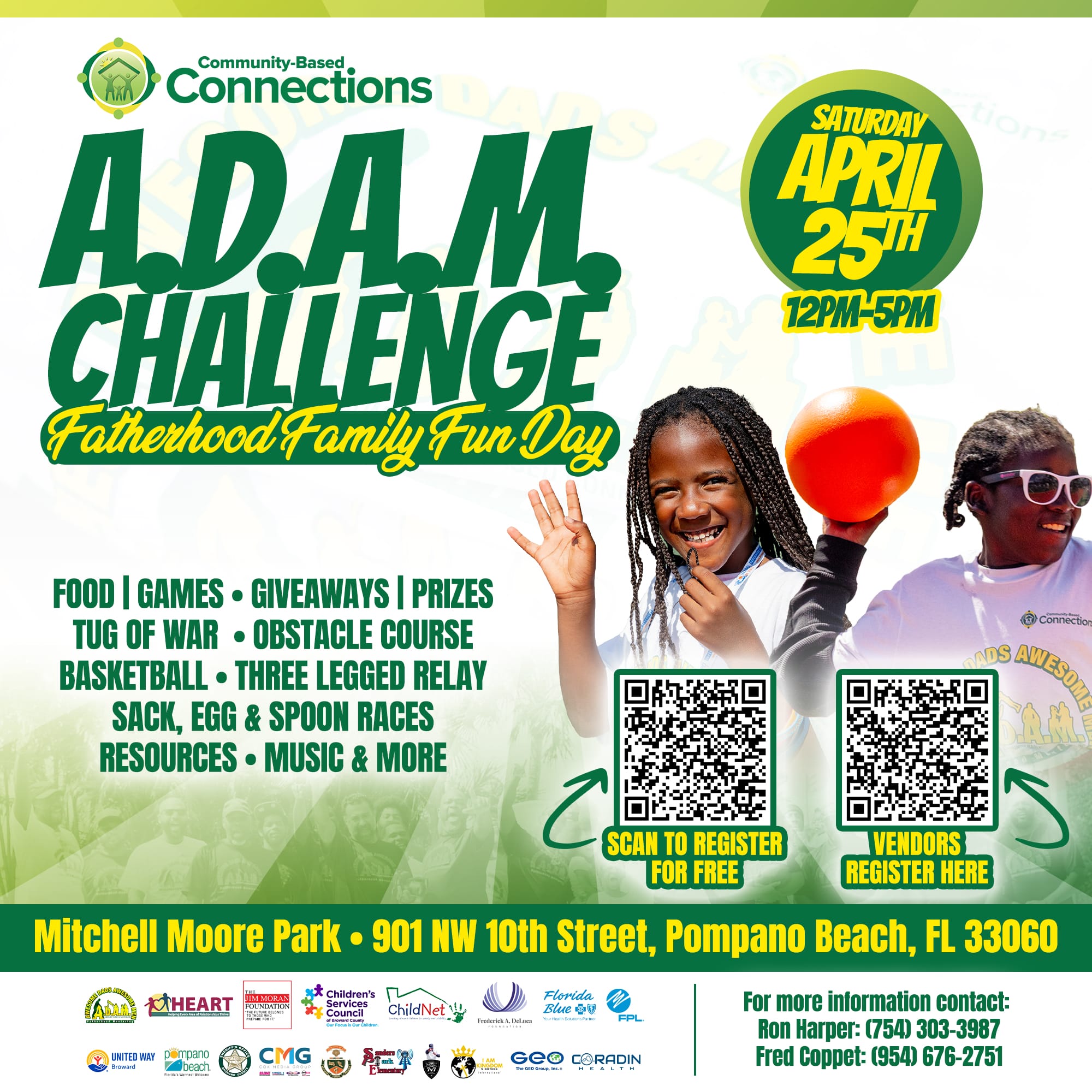 Flyer for the A.D.A.M. Challenge Fatherhood Family Fun Day, Saturday April 25th, 12–5pm, at Mitchell Moore Park, Pompano Beach, FL. Includes games, food, prizes, races, vendors, and contact details. South Florida Business & Wealth