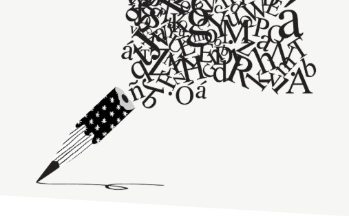 A pencil with an American flag pattern releases a chaotic burst of black letters and characters, creating a cloud of scattered alphabet symbols above the tip. South Florida Business & Wealth