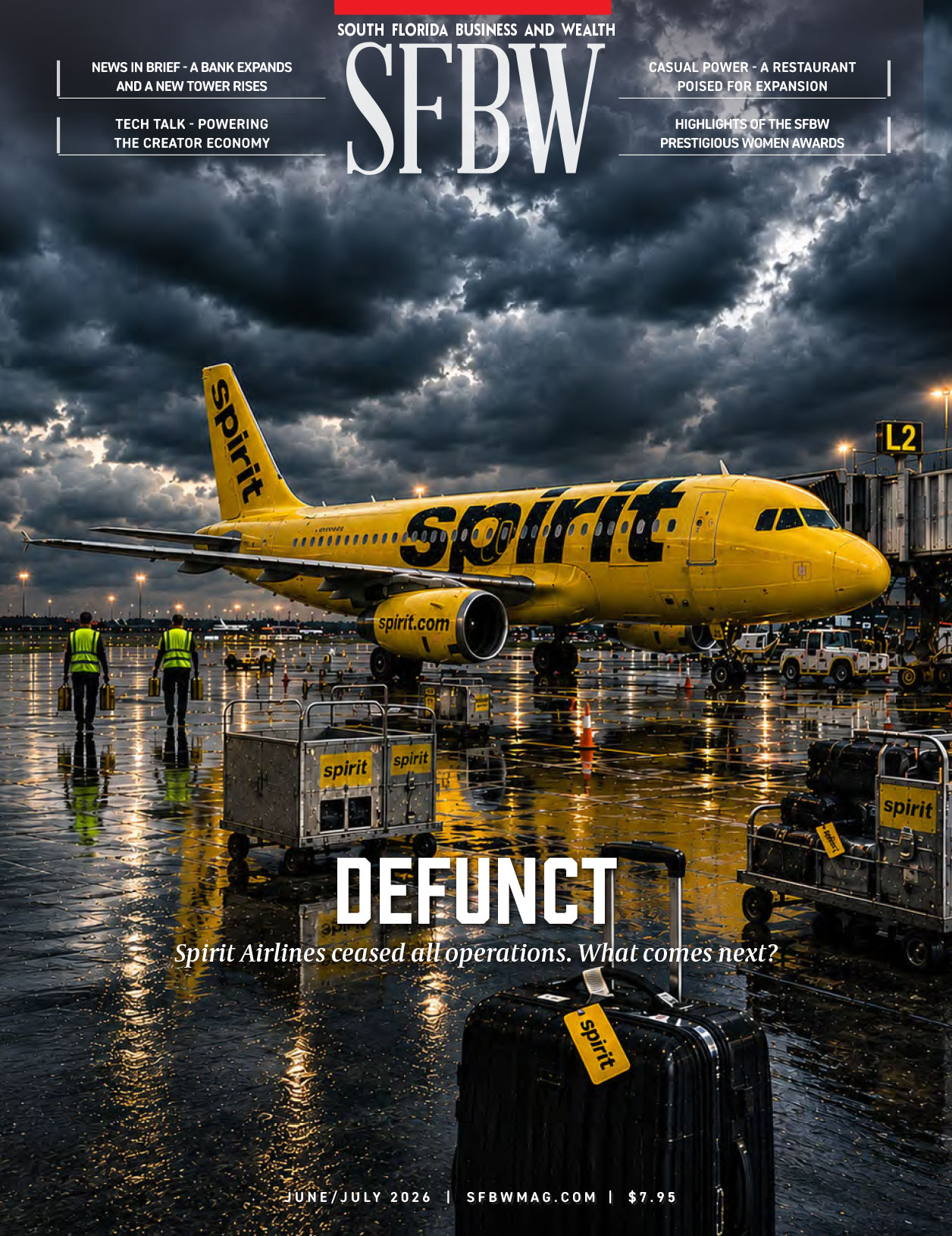 A Spirit Airlines plane is parked on a wet tarmac under dramatic, cloudy skies at sunset. Luggage carts and safety cones are nearby. The headline reads, "DEFUNCT: Spirit Airlines ceased all operations. What comes next?. South Florida Business & Wealth