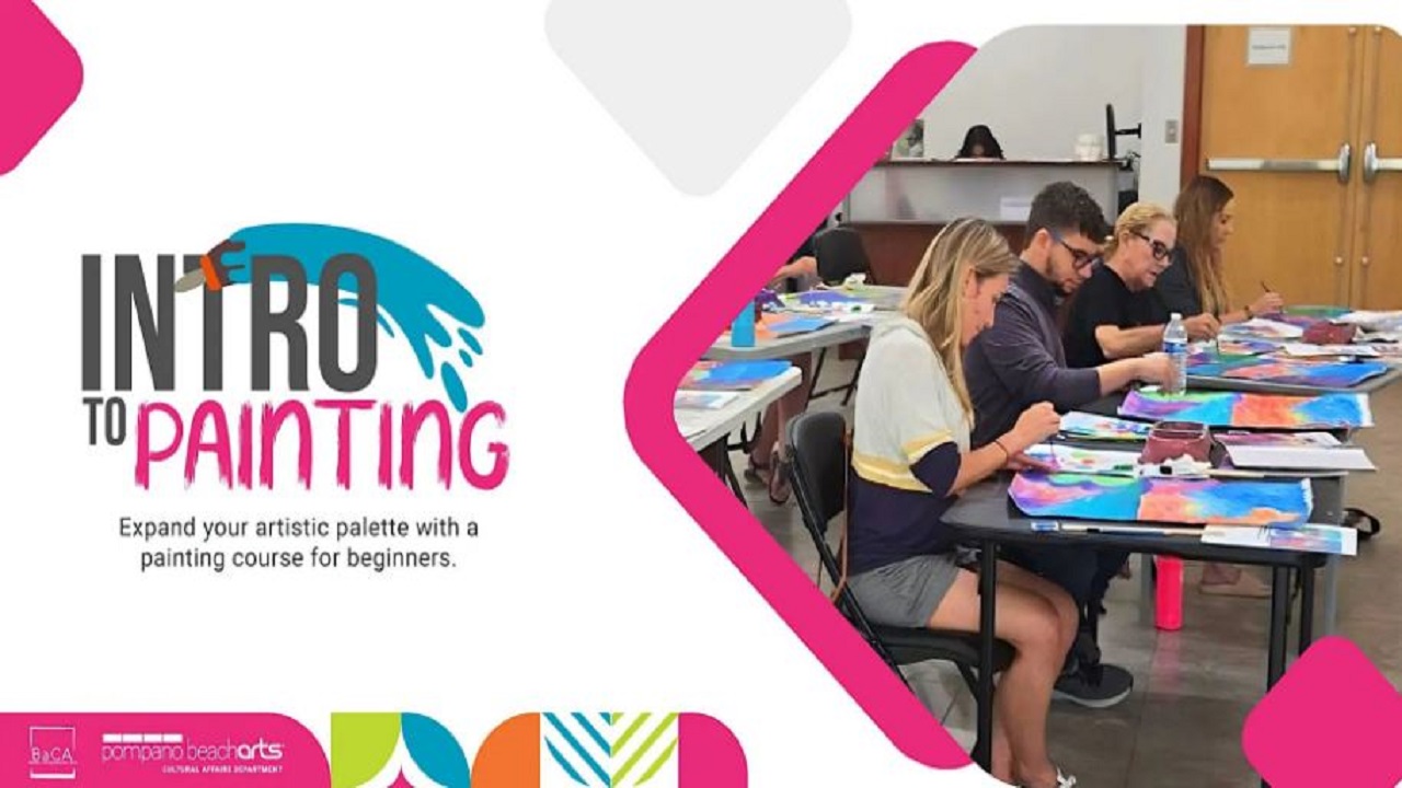 A group of adults sits at tables painting colorful canvases in a classroom. Text reads "INTRO TO PAINTING: Expand your artistic palette with a painting course for beginners." Logos and geometric shapes frame the image. South Florida Business & Wealth