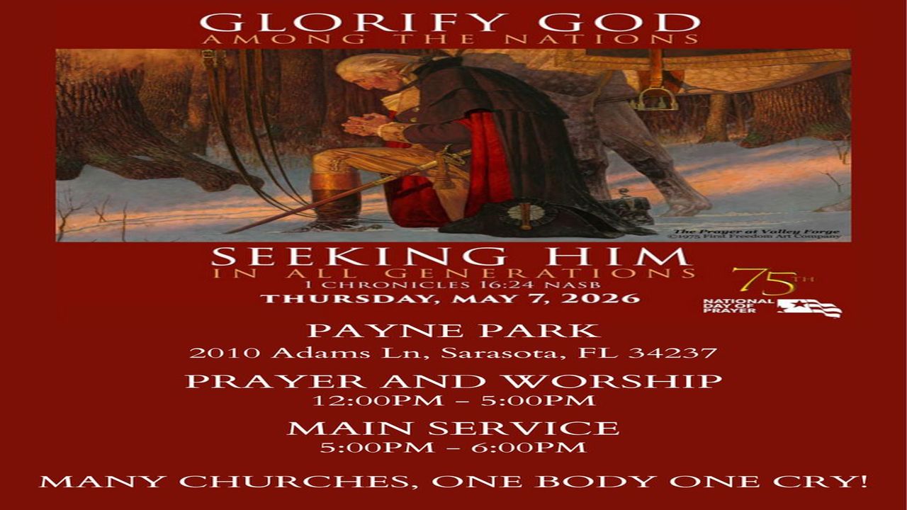 Event flyer with an illustration of a man kneeling in prayer in a forest. Text announces a National Day of Prayer event at Payne Park, Sarasota, FL, on May 7, 2026, with times for prayer, worship, and main service. South Florida Business & Wealth