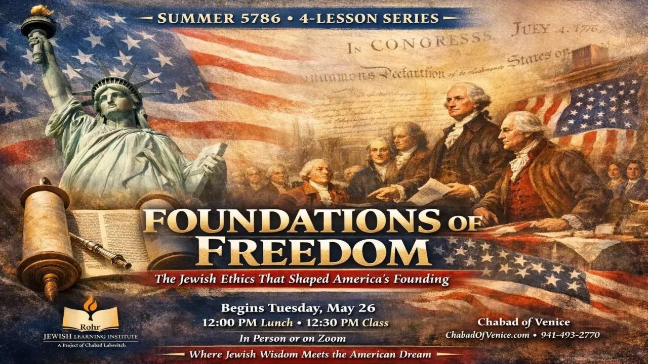 Promotional image for a 4-lesson series called "Foundations of Freedom: The Jewish Ethics That Shaped America’s Founding," with illustrations of U.S. Founding Fathers signing the Declaration of Independence. South Florida Business & Wealth